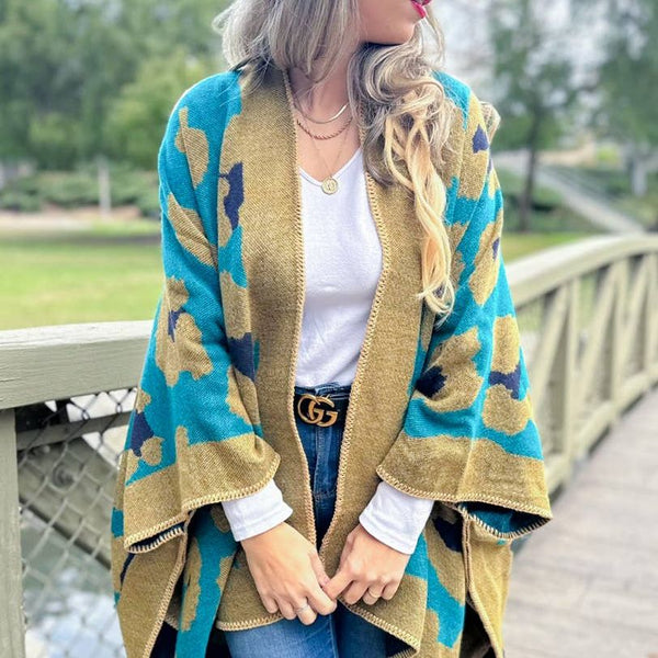 Teal Leopard Printed Knitted Cozy Cardigan: Teal / One Size