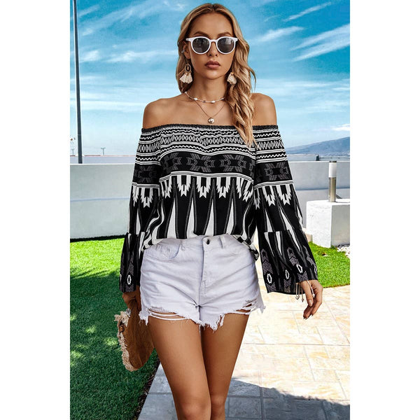 Graphic Print Color Block Butterfly Sleeves Off Shoulder Top: BLACK