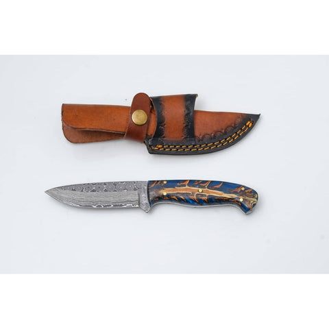 Handmade Damascus Steel Knife with Blue Pine Cone Handle & Leather Sheath