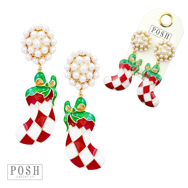 Harlequin stocking on pearl stud post earring: Red