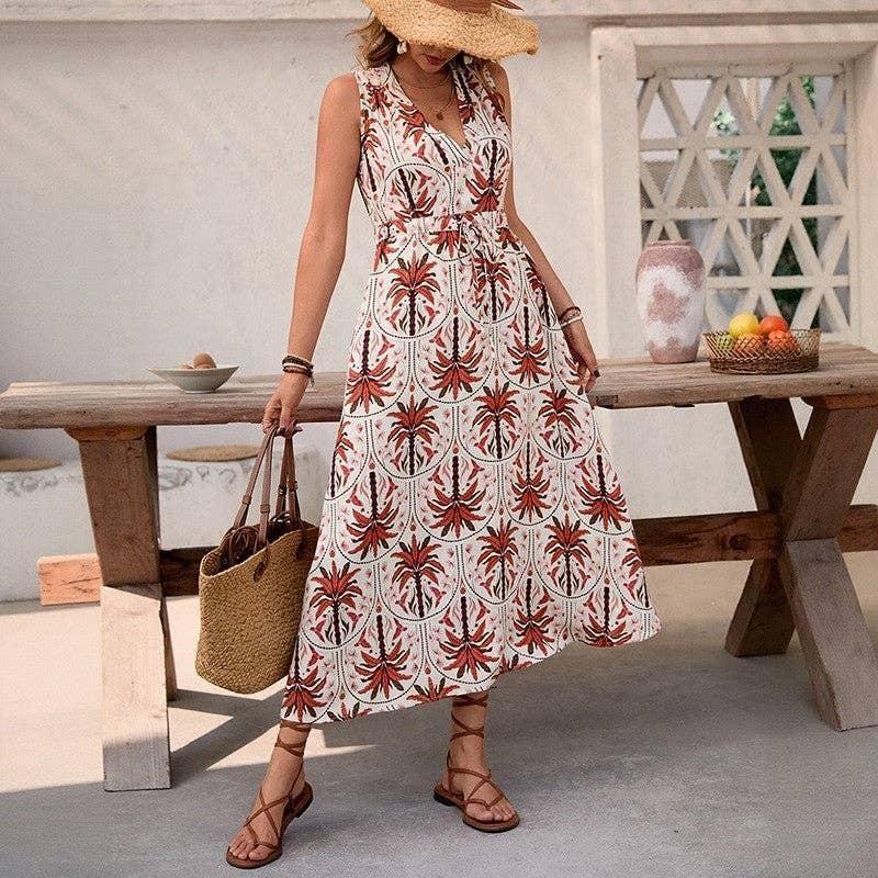 Sleeveless V-Neck High Waist A-Line Floral Print Dress, Fire Brick