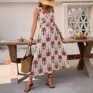 Sleeveless V-Neck High Waist A-Line Floral Print Dress, Fire Brick