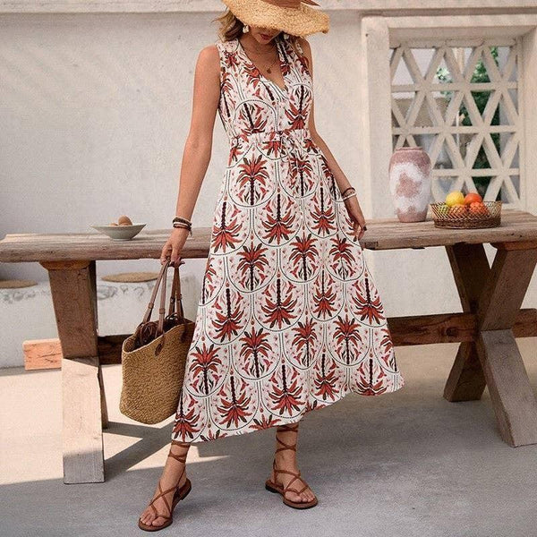 Sleeveless V-Neck High Waist A-Line Floral Print Dress, Fire Brick