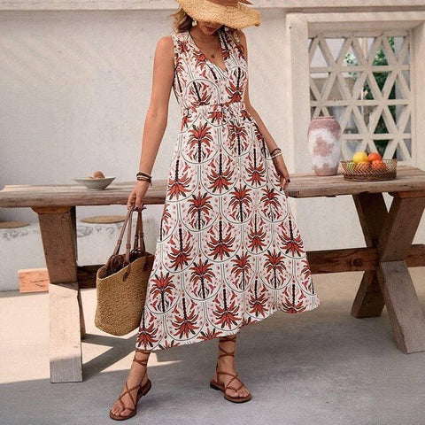 Sleeveless V-Neck High Waist A-Line Floral Print Dress, Fire Brick