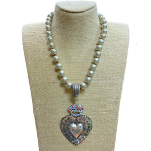 Heart with AB Crystal Crown Pendant on Faux Navajo Pearls