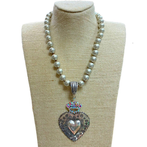 Heart with AB Crystal Crown Pendant on Faux Navajo Pearls