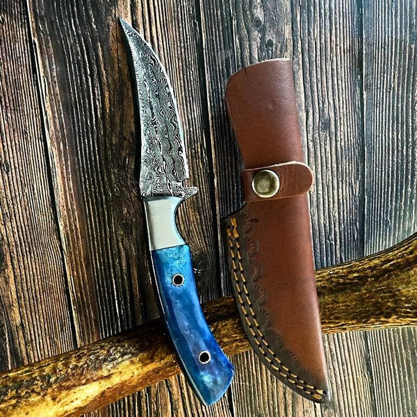 Damascus Hunting Knife Dyed Blue Bone Handle