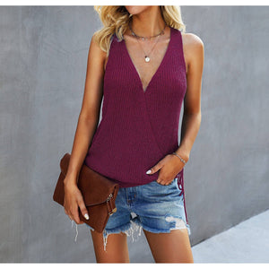 Cross V Neck Sleeveless Tank Top, Wine