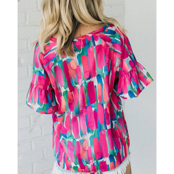 Abstract Brushwork V-Neck Blouse, Rose