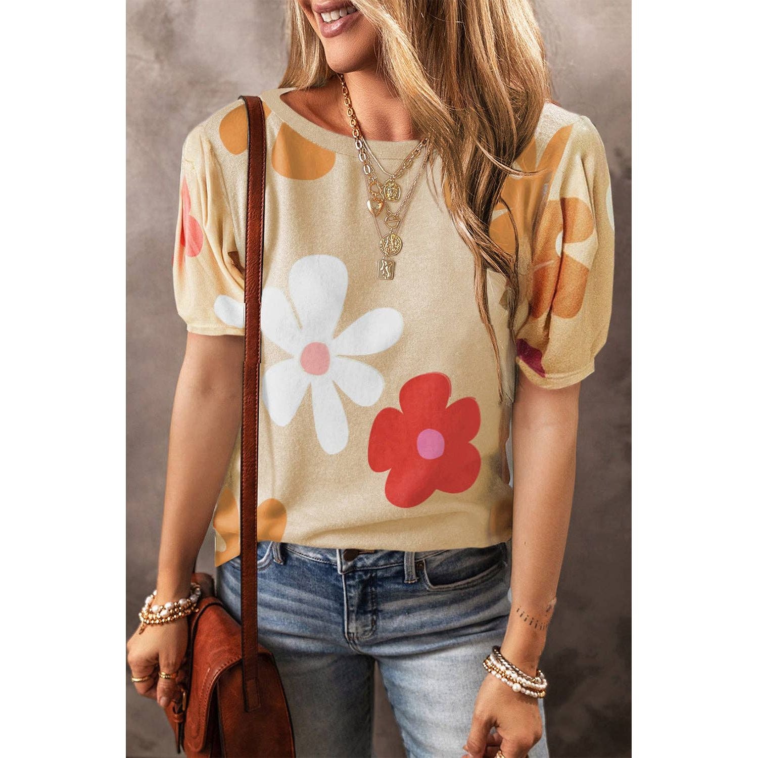 Retro Floral Bubble Sleeve Tee, Apricot