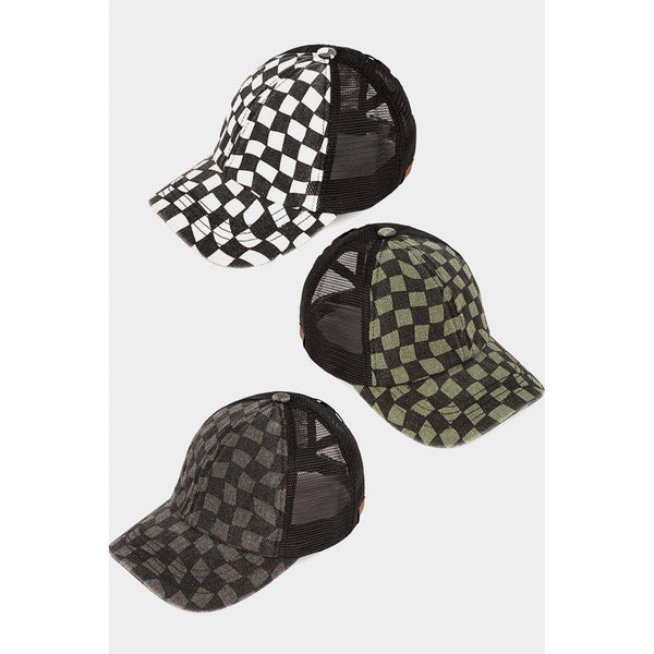 C.C Checkered Pattern Criss Cross Back Cap: Black