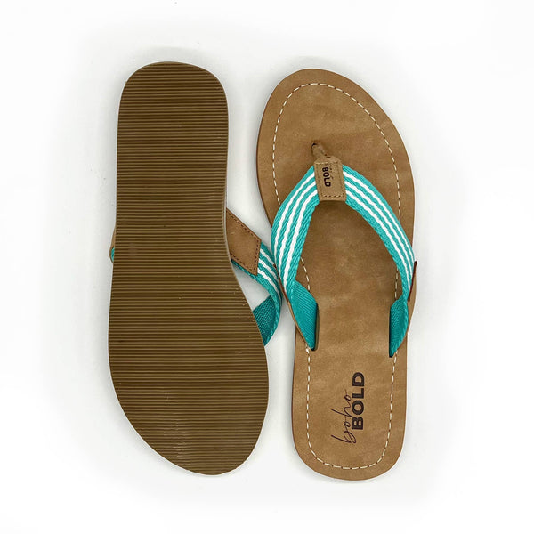 Boho Bold - Boho Bold Woven Strap Flip Flops: Teal/White