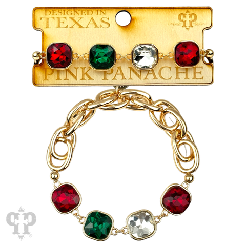 Square Christmas color rhinestone and stretch gold tone bracelet: Multicolor