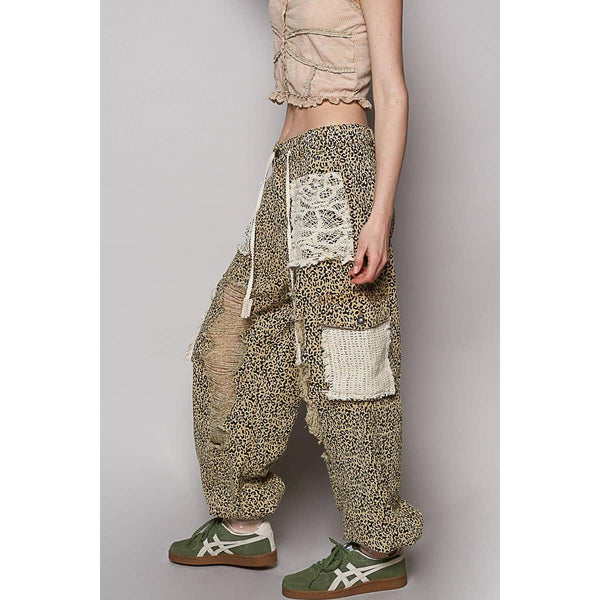 Vintage Wash Crochet Patches Distress Jogger Pants: Cheetah