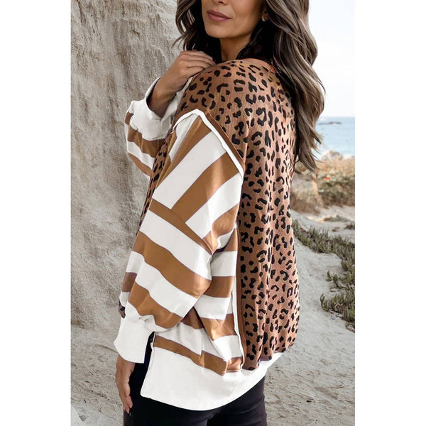 Stripe Leopard Side Slits Sweatshirt
