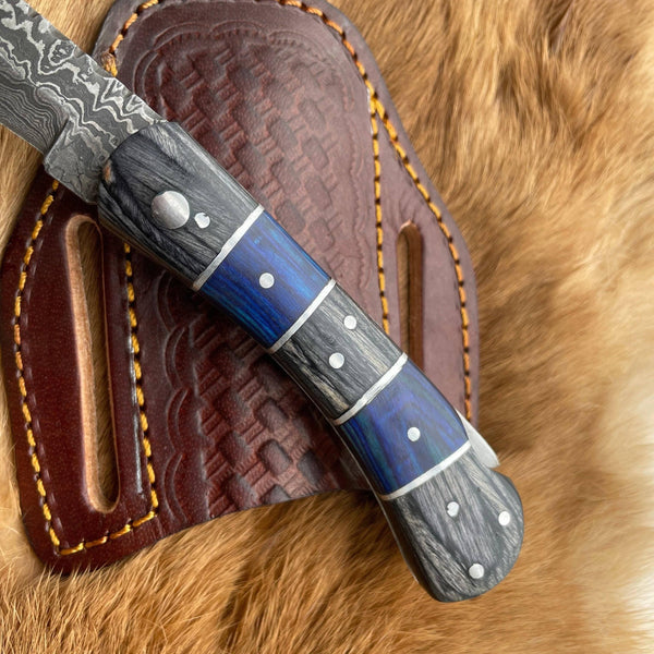 Pocket Knife Grey and Blue Wood 6.5'' Damascus Steel Knife