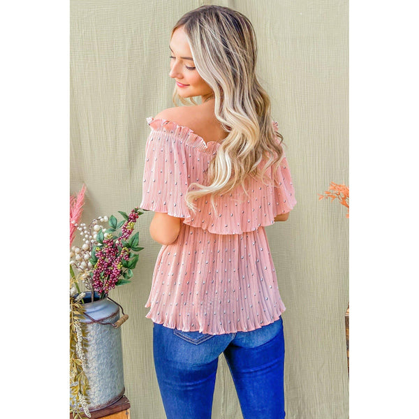 Polka Dot Print Pleated Off Shoulder Top - Delightful Piece: Peach