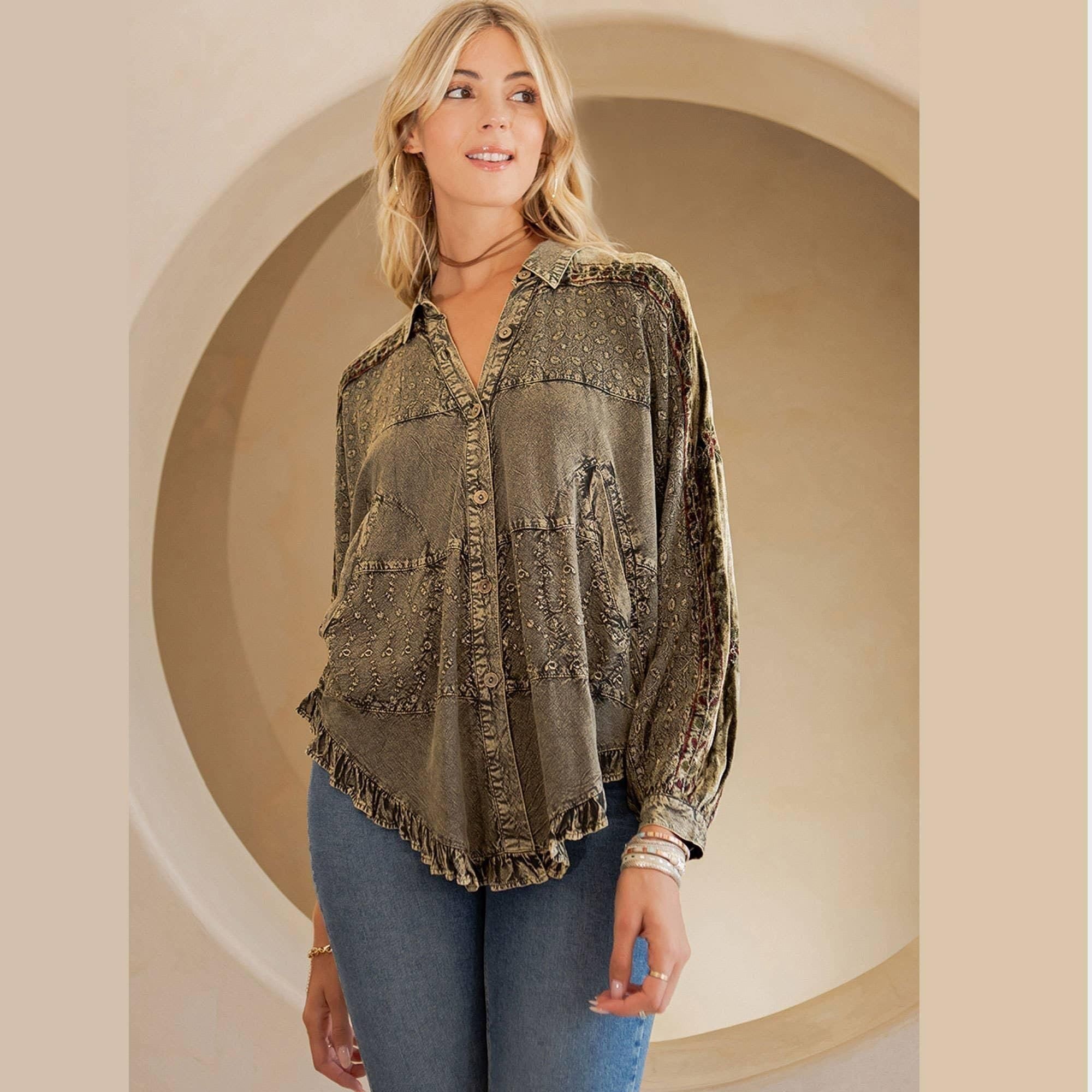 Bohemian Elegance: Stonewashed Rayon Top  Gravel