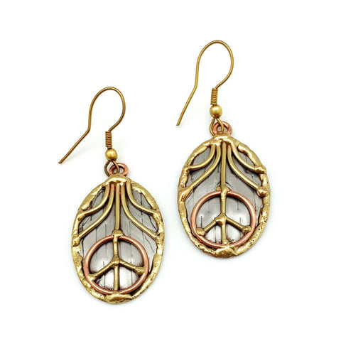 Mixed Metal Earrings - Peace Sign in Oval