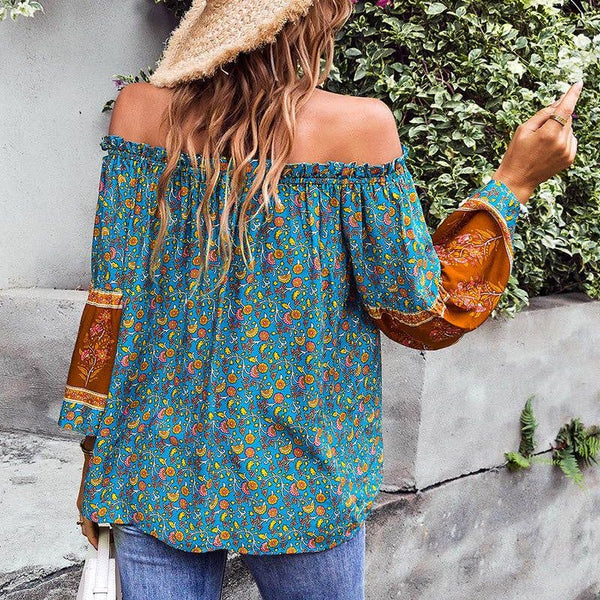 Off Shoulder Long Sleeve Drawstring Color Blocked Floral Top:  GREEN