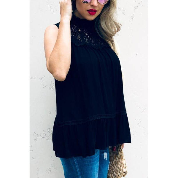 Lace Trim Sleeveless Tunic Top: Black