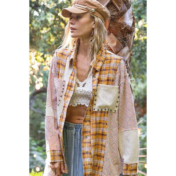 Oversized long sleeve lace contrast shirt in plaid