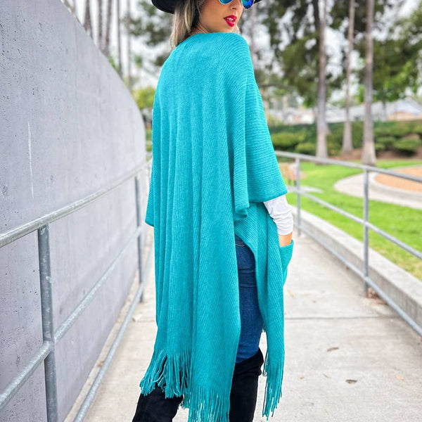 Teal Soft Knitted Pocket Kimono Cardigan With Fringe: Teal / One Size