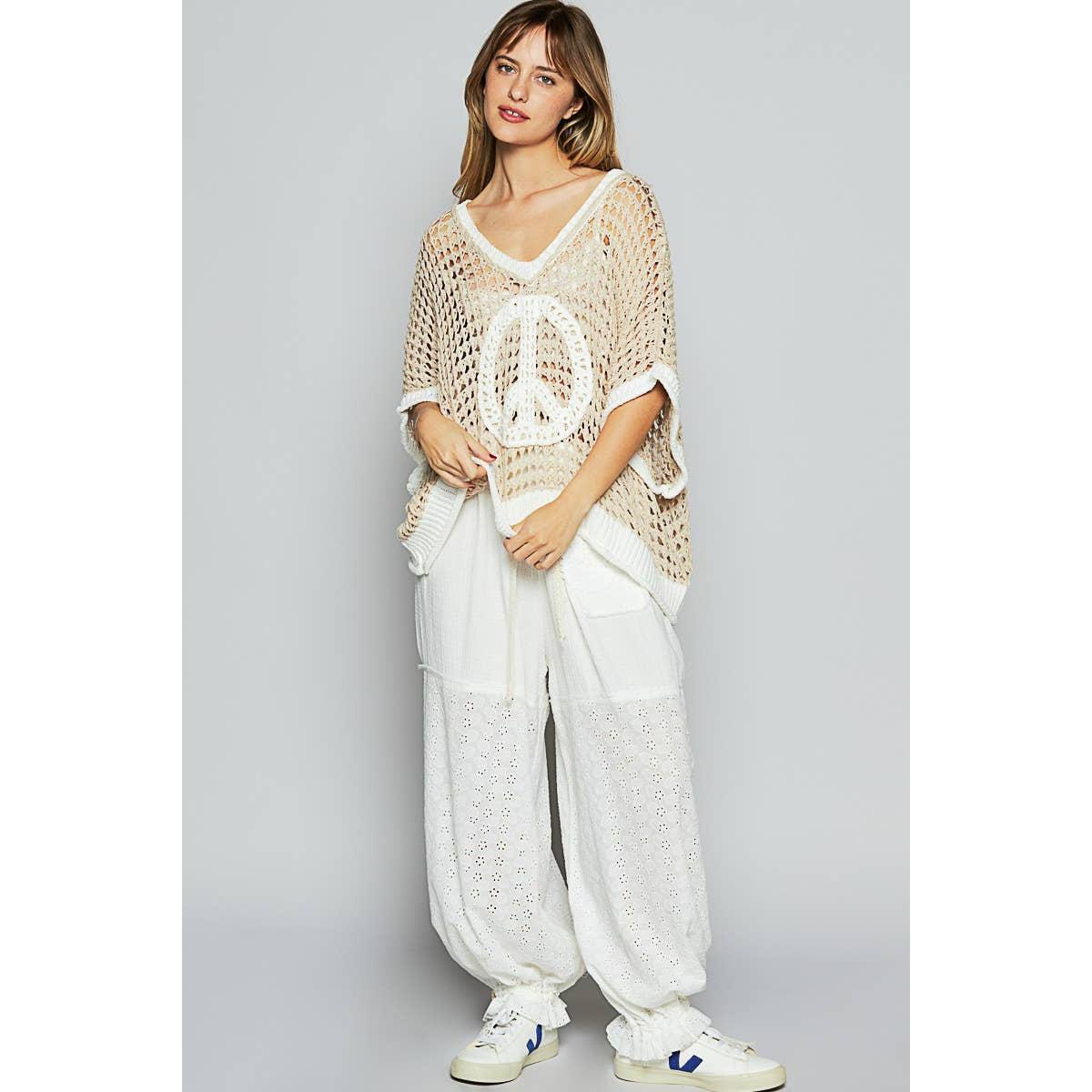 Oversize V-Neck Short Sleeve Peace Sign Sweater