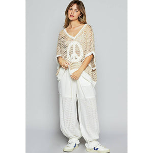 Oversize V-Neck Short Sleeve Peace Sign Sweater