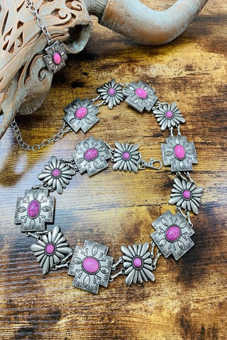Pink Stone Cross and Concho Metal Belt