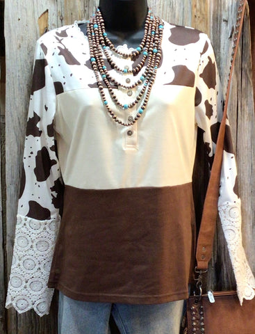 Long Sleeve cow print top with lace cuff sleeve