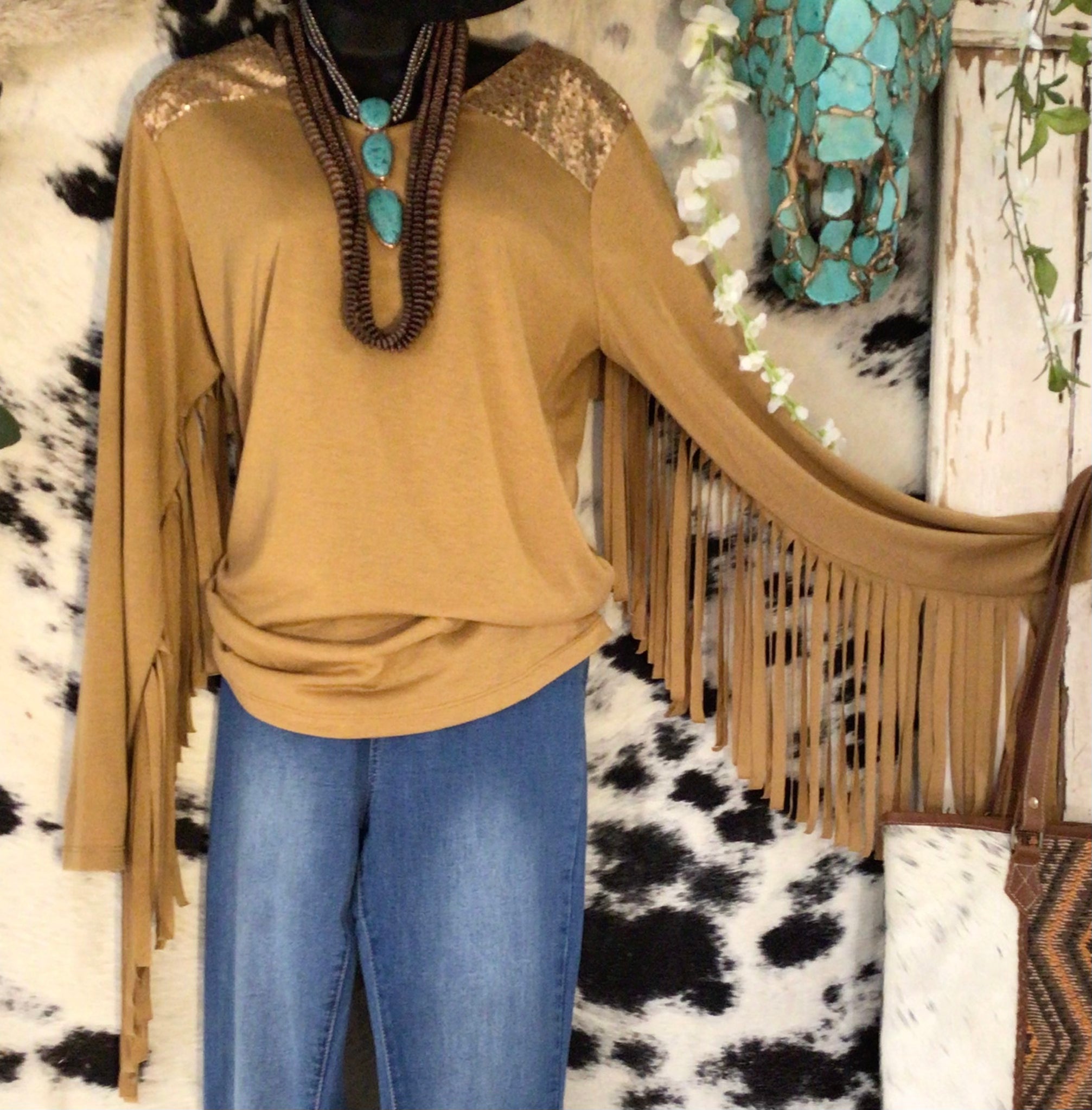 Fringe and sequin long sleeve Top Brown