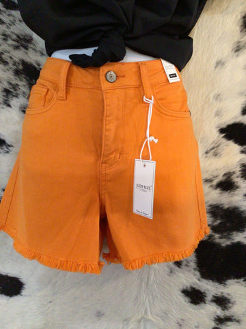 Mid Rise Garment Dyed Fray Hem Shorts, Orange, Judy Blue
