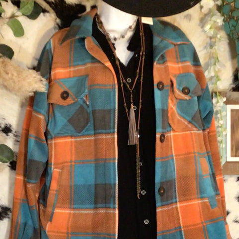 Polar Fleece Plaid Shacket with Pocket, Teal/Orange