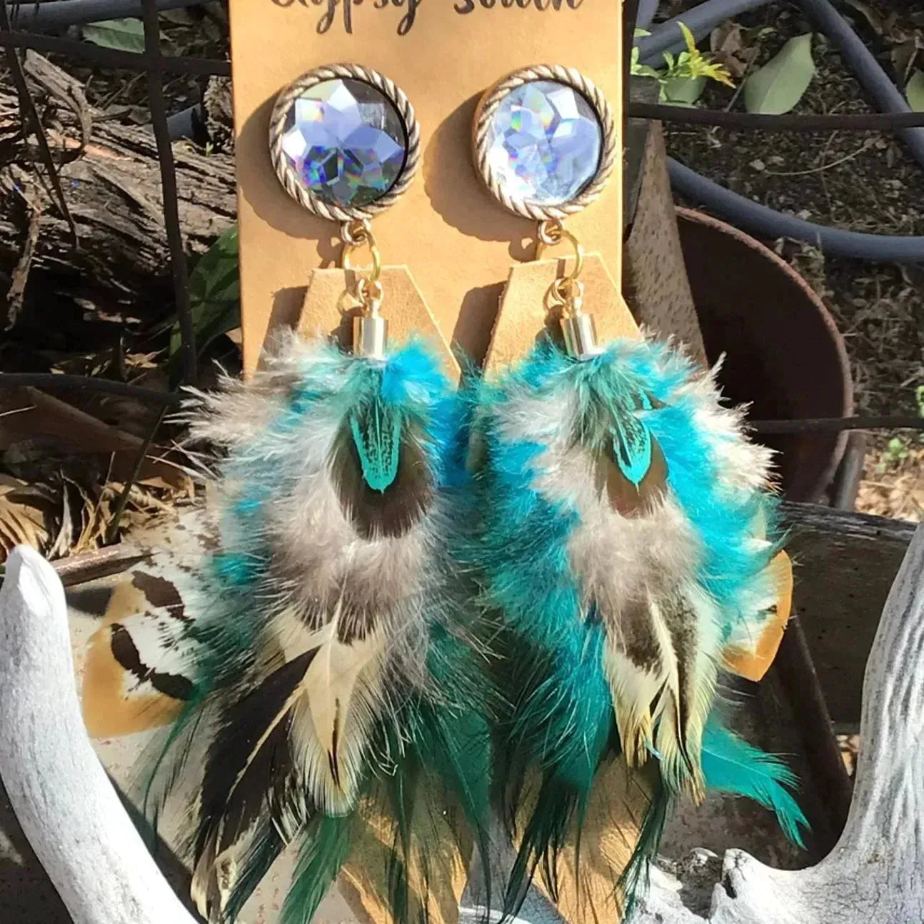 Leather & Feather Bling Earrings Gypsy South