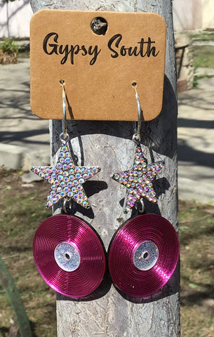 Pink Record & Star Earrings