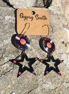 Black Record & Star Earrings