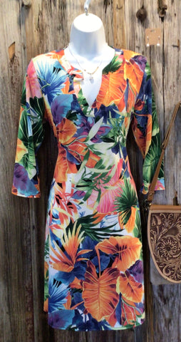 Notch Neck, 3/4 Sleeve Dress, Multi Color Tropical Print