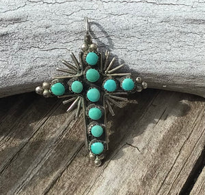 5.6g Vintage Southwestern Sterling Silver Turquoise & Coral Reversible Cross Pendant