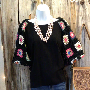 Linen Top with Crochet Sleeves, Black