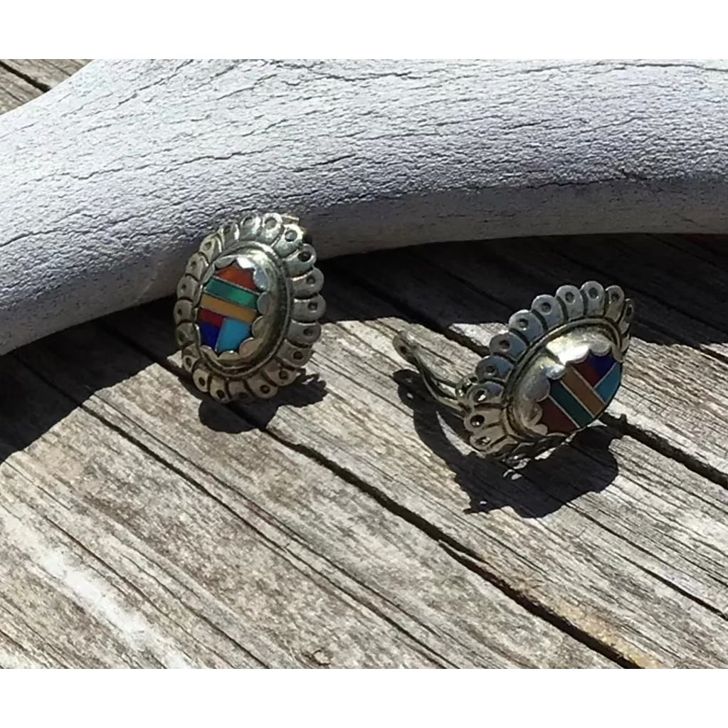 Native American Clip Earrings, Sterling Silver