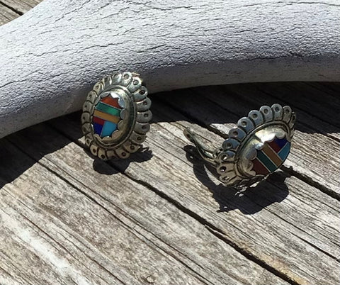 Native American Clip Earrings, Sterling Silver