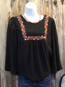 Babydoll Polka Dot Blouse with Yoke Detail, Embroidery along the Neckline, Bell Sleeves