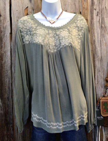 Babydoll Top with Embroidery, Long Sleeves, Round Neckline, Balloon Sleeves, Goddess