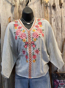 Striped Poncho Top  Embroidery on the Front, V Neckline, Loose Fit