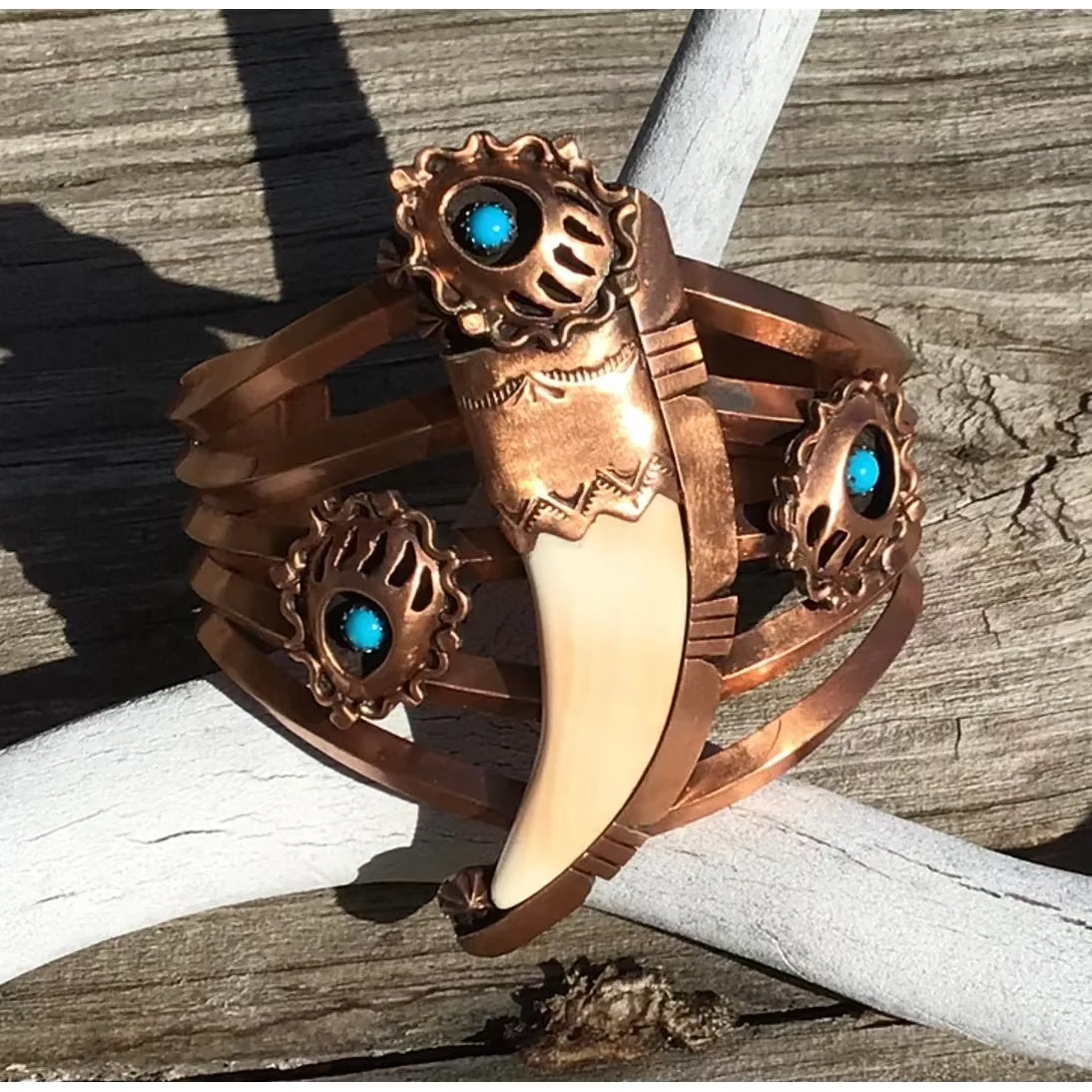 Navajo Signed R.B. Copper & Silver Turquoise Bear Paw Bone Large Cuff