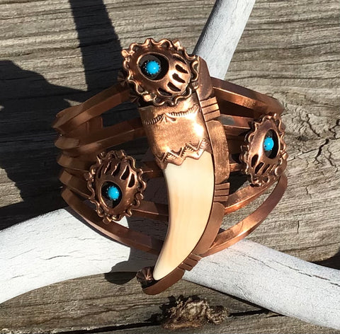 Navajo Signed R.B. Copper & Silver Turquoise Bear Paw  Bone Large Cuff