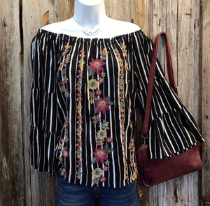 Striped Off The Shoulder Top, Embroidery, Tiered Bell Sleeves