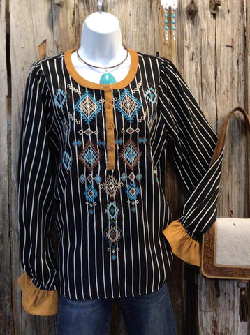 Striped Top, Aztec Embroidery, Long Sleeves, Round Neck, Half Button Down Top