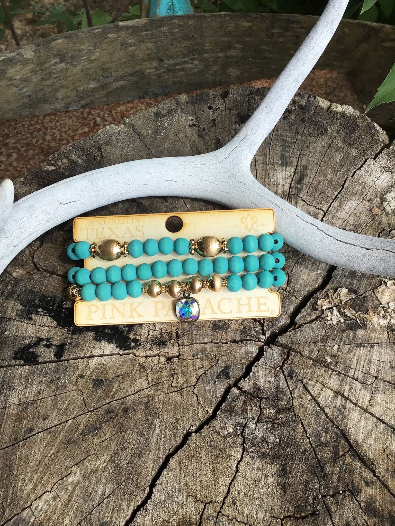3 strand turquoise wood and brushed gold bead bracelet